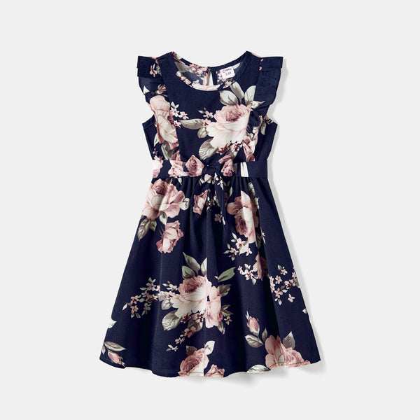 Mommy and Me Allover Floral Print Flutter-sleeve Belted Dresses - 20663631