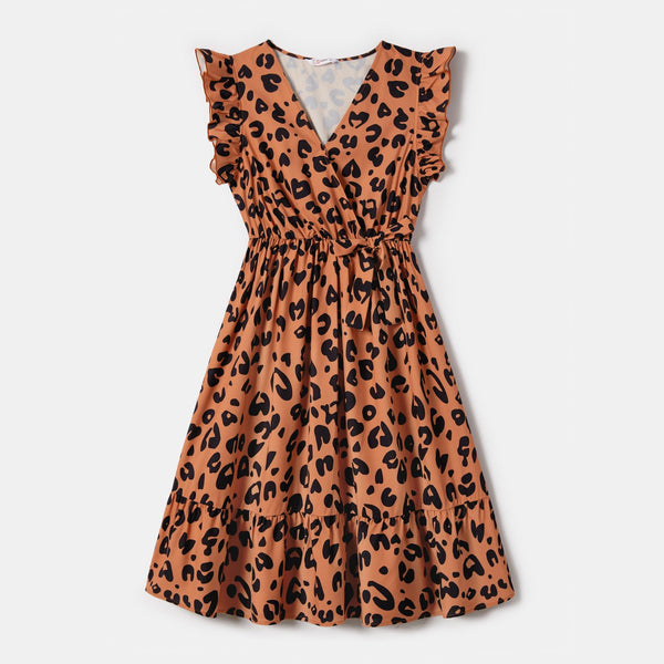 Mommy and Me Allover Leopard Print Bow Side Decor Flutter-sleeve Wrap Dresses - 20664643