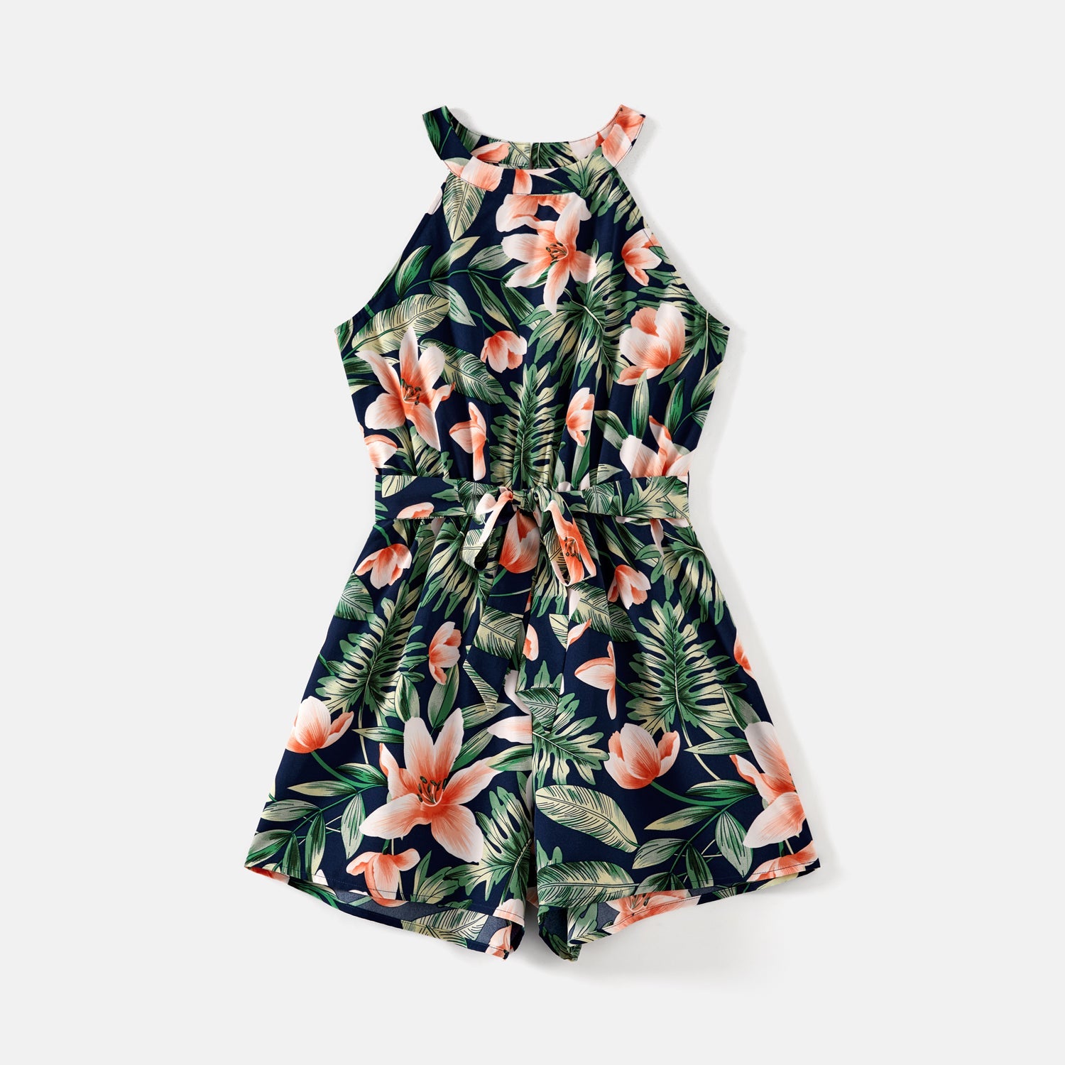 Mommy and Me Allover Plant Print Halter Neck Sleeveless Belted Romper Shorts - 20596432