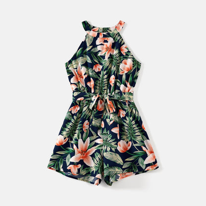 Mommy and Me Allover Plant Print Halter Neck Sleeveless Belted Romper Shorts - 20596432