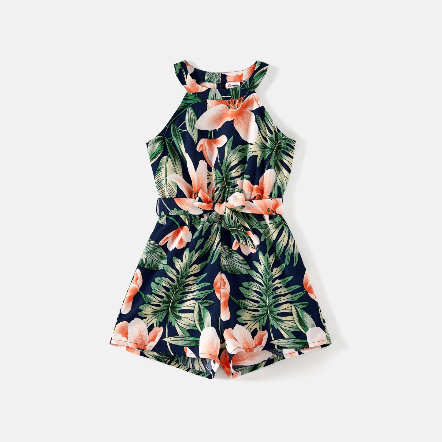 Mommy and Me Allover Plant Print Halter Neck Sleeveless Belted Romper Shorts - 20596432