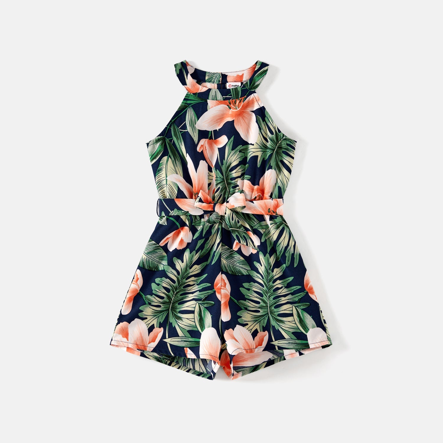 Mommy and Me Allover Plant Print Halter Neck Sleeveless Belted Romper Shorts - 20596432