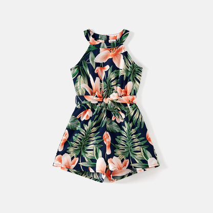 Mommy and Me Allover Plant Print Halter Neck Sleeveless Belted Romper Shorts - 20596432