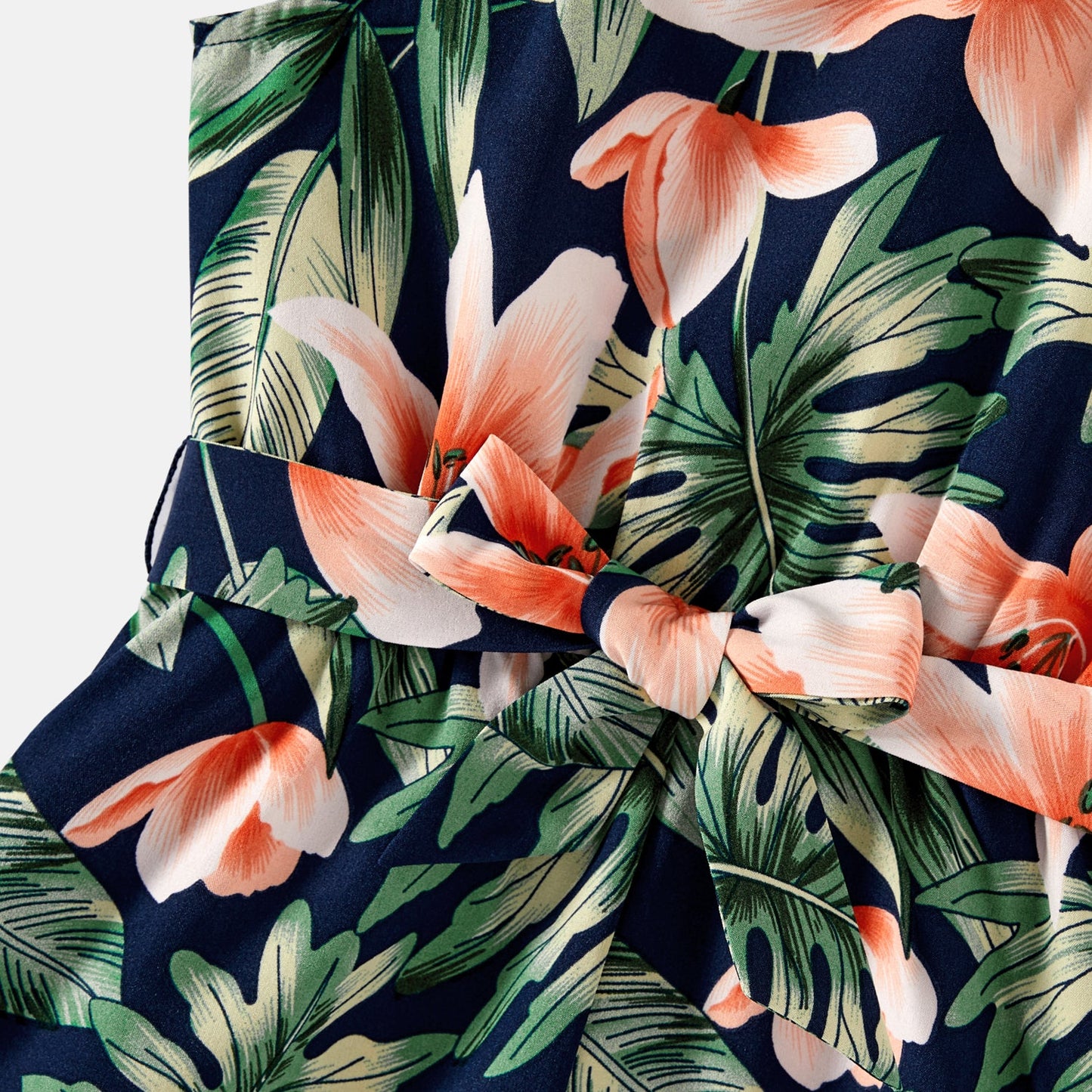 Mommy and Me Allover Plant Print Halter Neck Sleeveless Belted Romper Shorts - 20596432