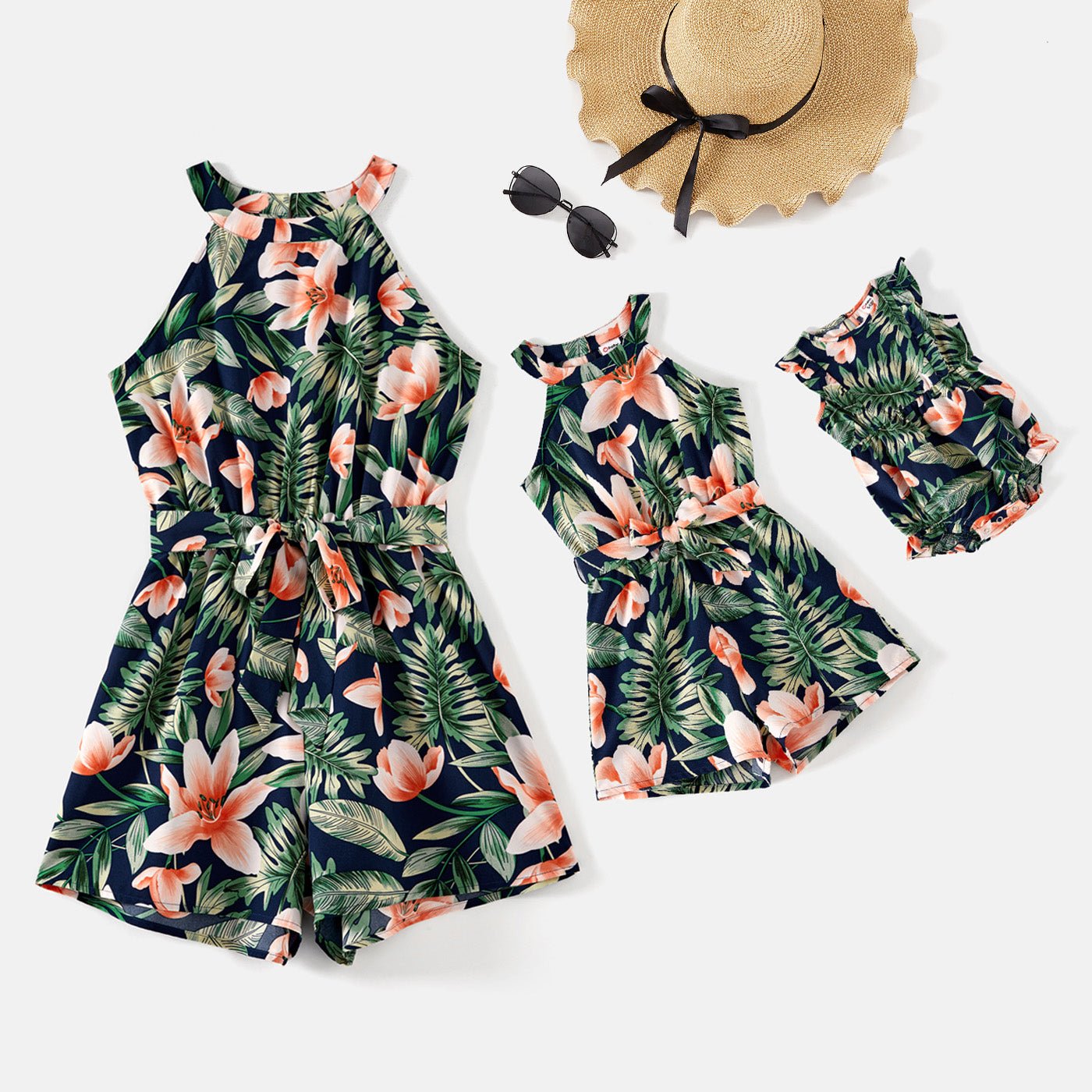 Mommy and Me Allover Plant Print Halter Neck Sleeveless Belted Romper Shorts - 20596432