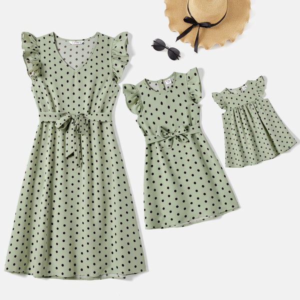 Mommy and Me Allover Polka Dots Print Flutter-sleeve Belted Dresses - 20670796