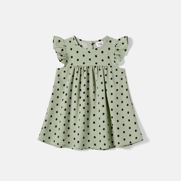 Mommy and Me Allover Polka Dots Print Flutter-sleeve Belted Dresses - 20670796