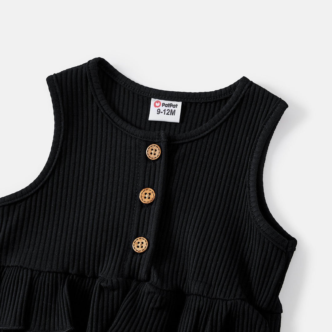 Mommy and Me Black Cotton Ribbed Halter Bodycon Dresses - 20571313