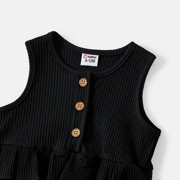 Mommy and Me Black Cotton Ribbed Halter Bodycon Dresses - 20571313