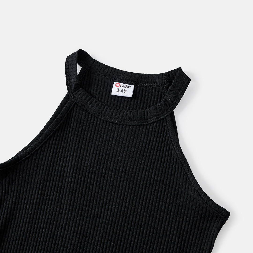 Mommy and Me Black Cotton Ribbed Halter Bodycon Dresses - 20571313