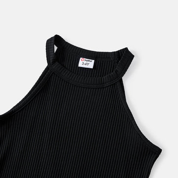 Mommy and Me Black Cotton Ribbed Halter Bodycon Dresses - 20571313