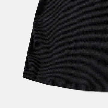 Mommy and Me Black Cotton Ribbed Halter Bodycon Dresses - 20571313