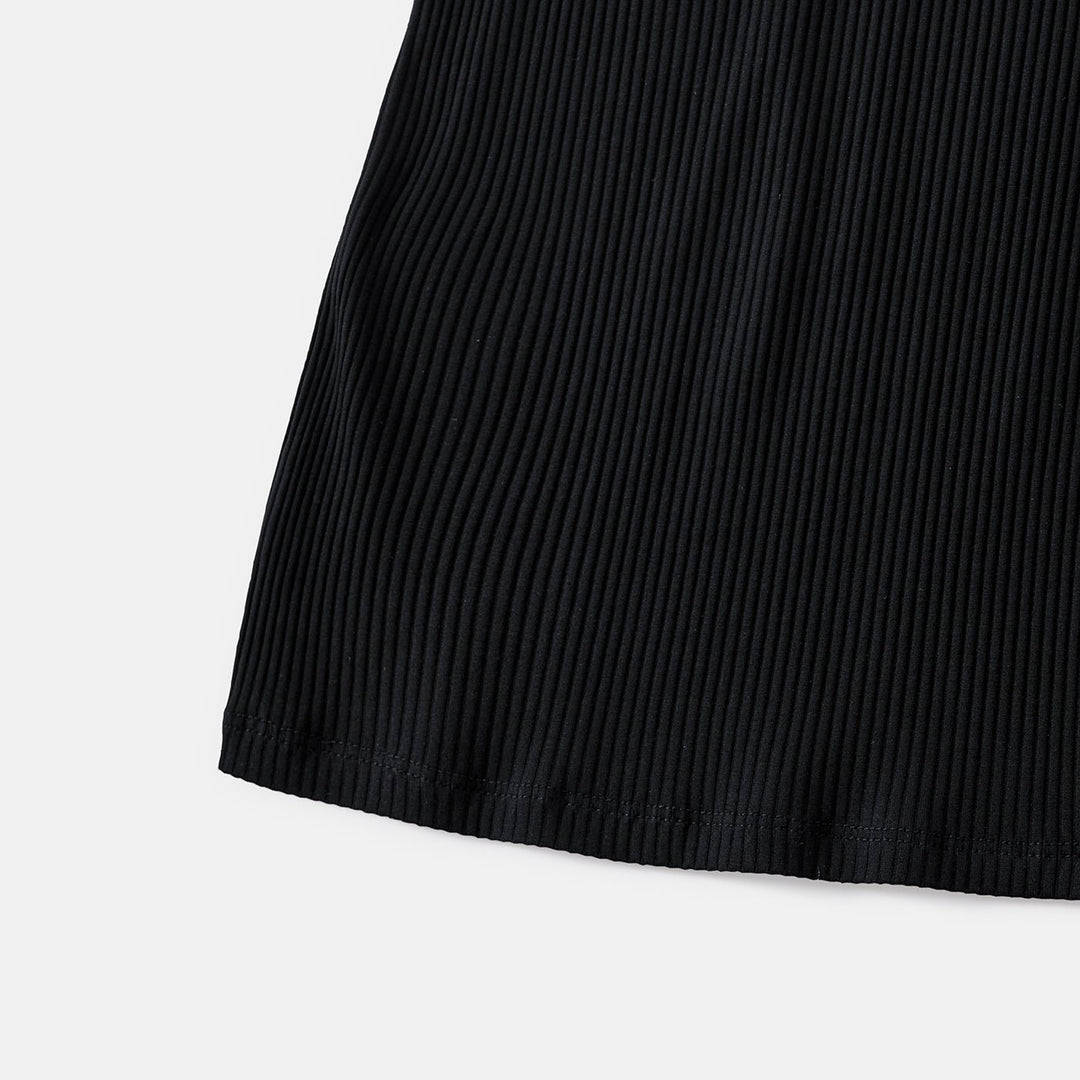Mommy and Me Black Cotton Ribbed Halter Bodycon Dresses - 20571313