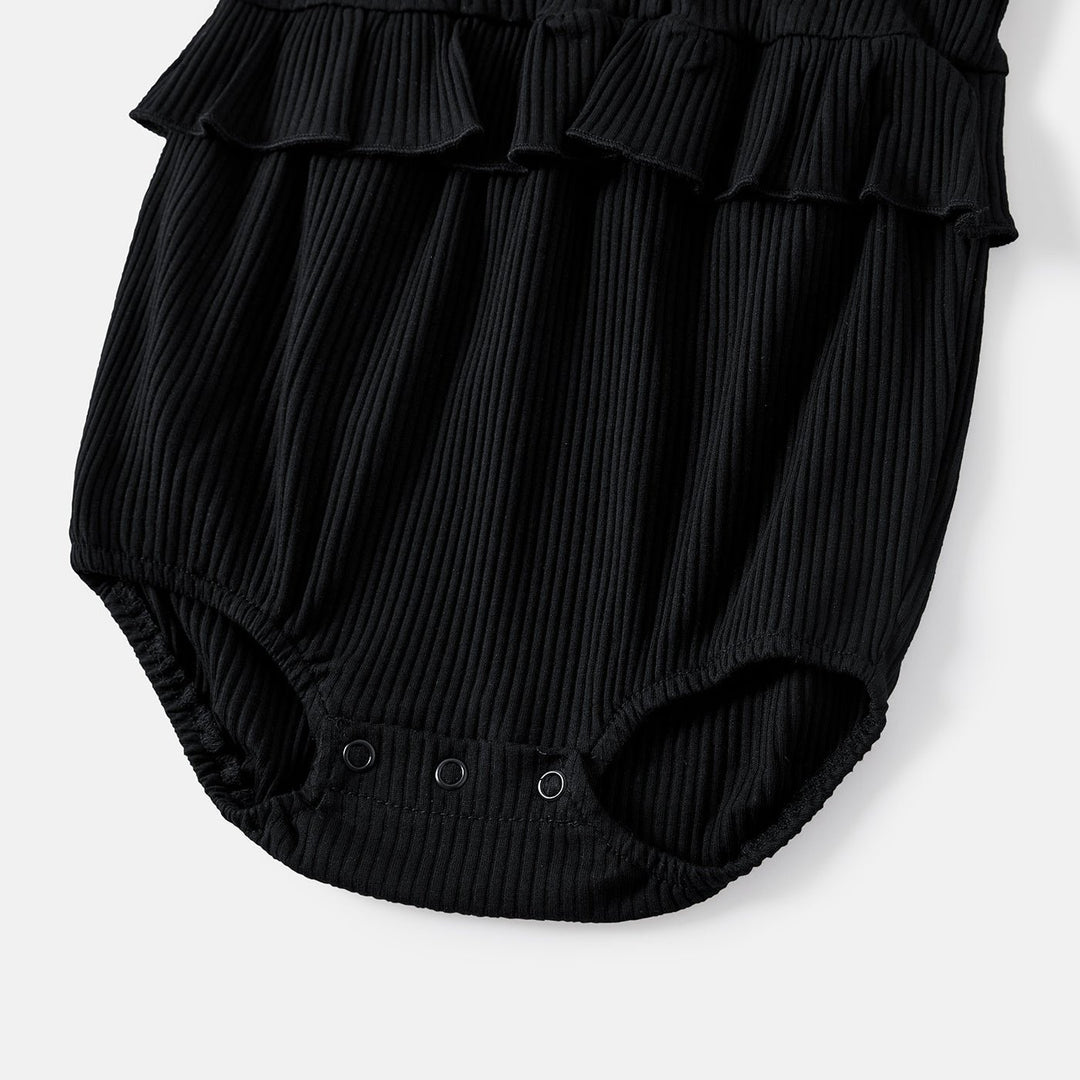 Mommy and Me Black Cotton Ribbed Halter Bodycon Dresses - 20571313