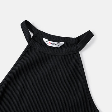 Mommy and Me Black Cotton Ribbed Halter Bodycon Dresses - 20571313
