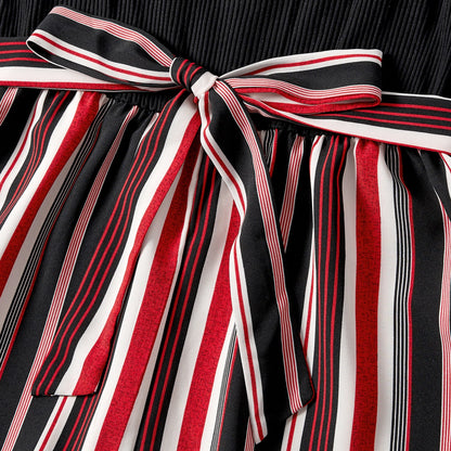 Mommy and Me Black Cotton Ribbed Spliced Striped Belted Cami Rompers - 20590075
