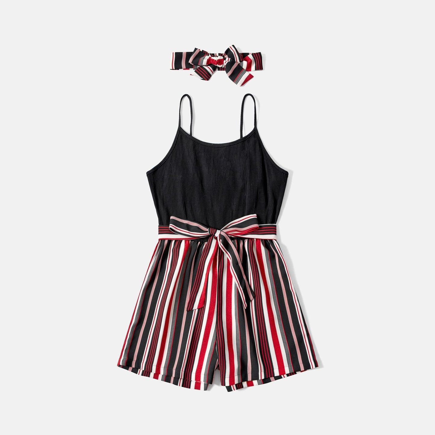 Mommy and Me Black Cotton Ribbed Spliced Striped Belted Cami Rompers - 20590075