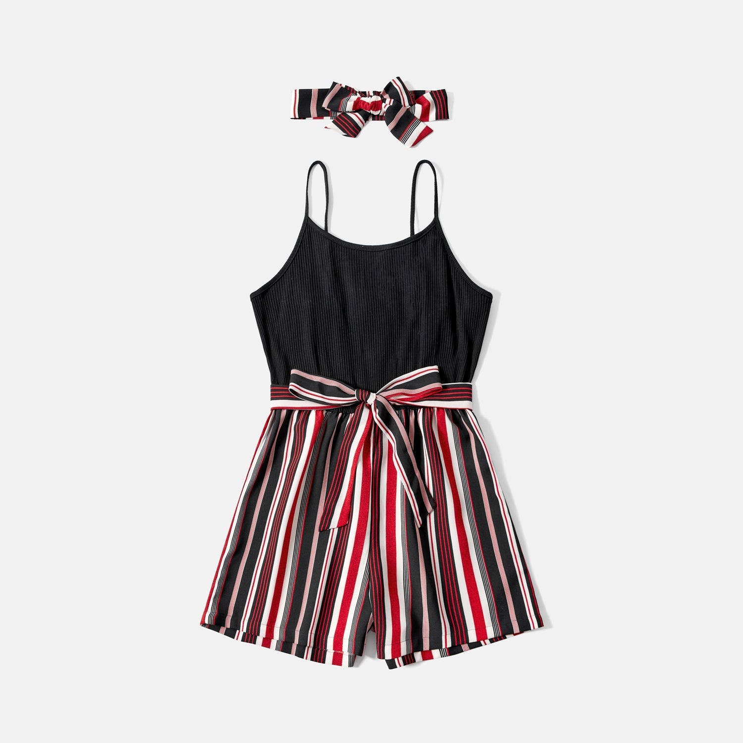 Mommy and Me Black Cotton Ribbed Spliced Striped Belted Cami Rompers - 20590075