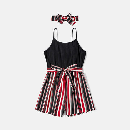 Mommy and Me Black Cotton Ribbed Spliced Striped Belted Cami Rompers - 20590075