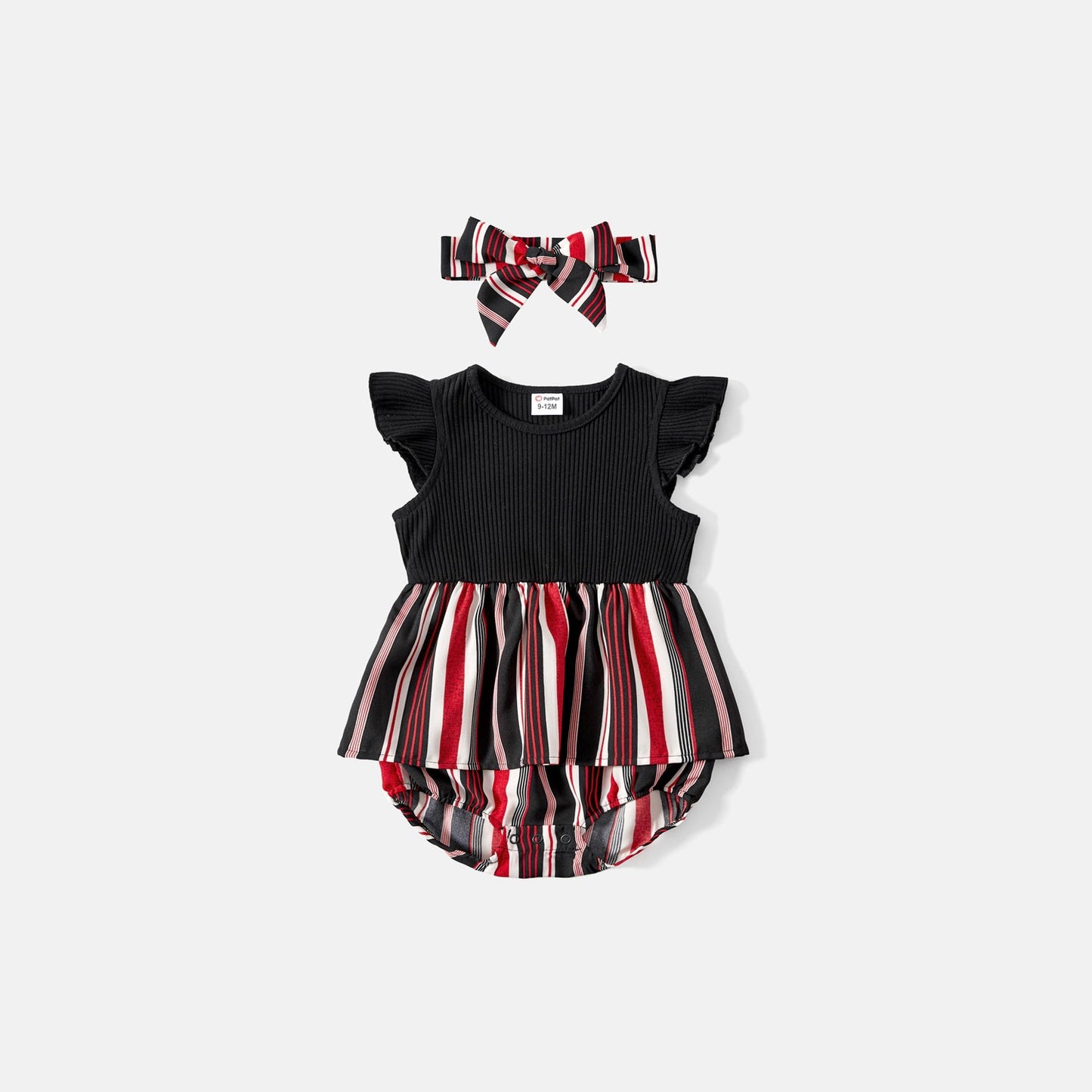 Mommy and Me Black Cotton Ribbed Spliced Striped Belted Cami Rompers - 20590075
