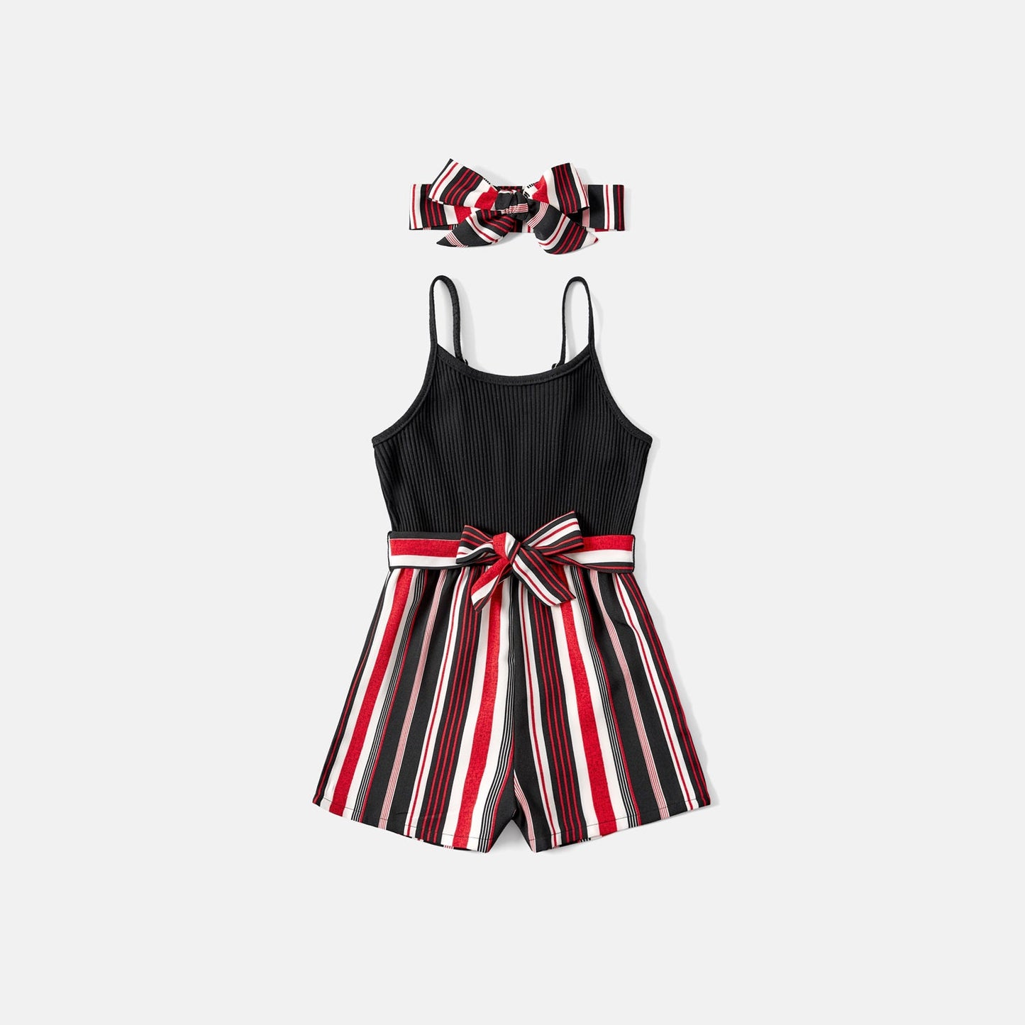 Mommy and Me Black Cotton Ribbed Spliced Striped Belted Cami Rompers - 20590075