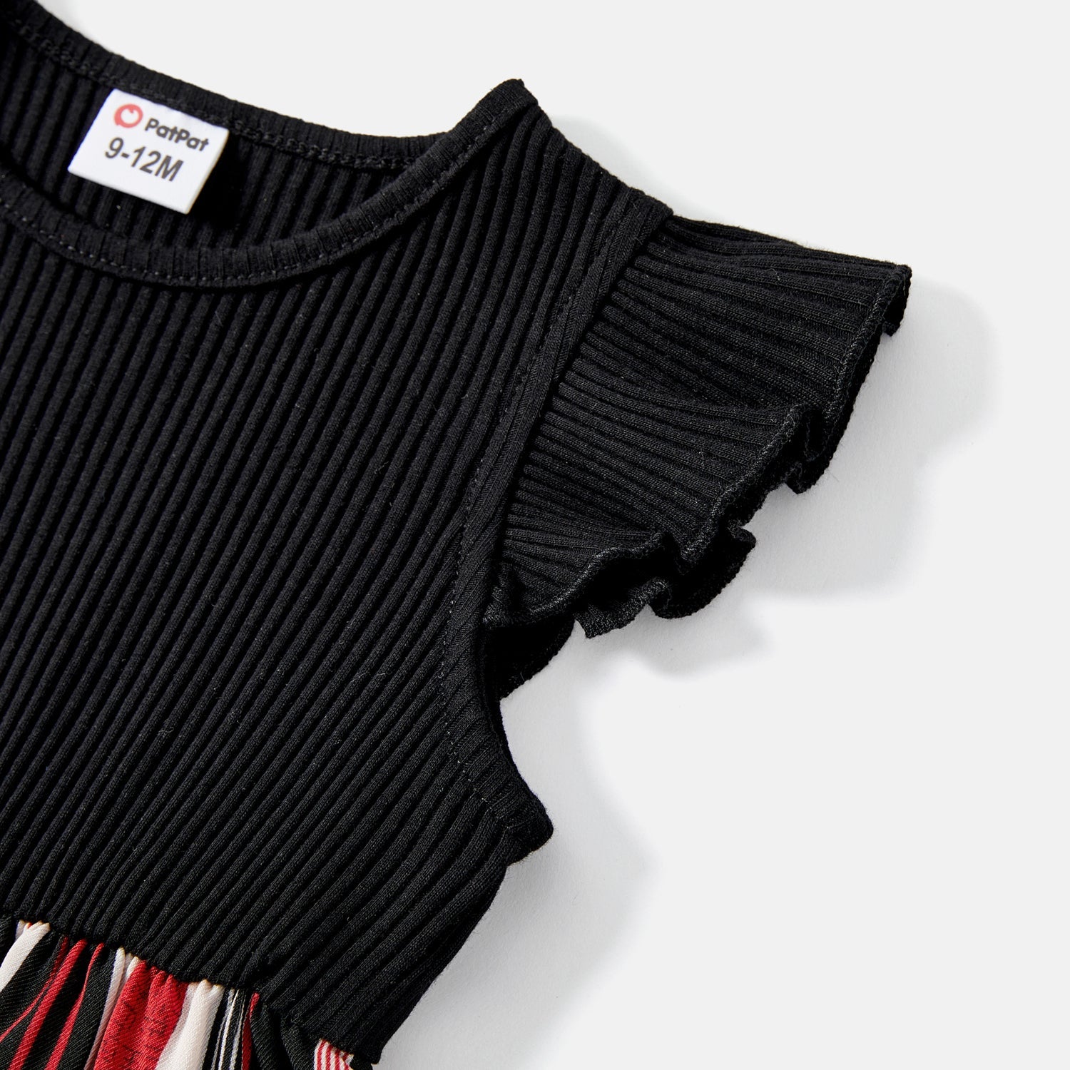Mommy and Me Black Cotton Ribbed Spliced Striped Belted Cami Rompers - 20590075