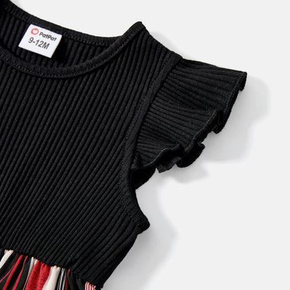 Mommy and Me Black Cotton Ribbed Spliced Striped Belted Cami Rompers - 20590075