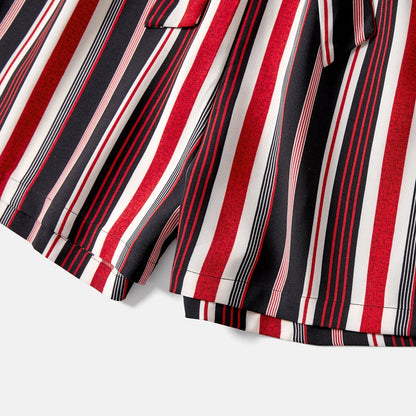 Mommy and Me Black Cotton Ribbed Spliced Striped Belted Cami Rompers - 20590075