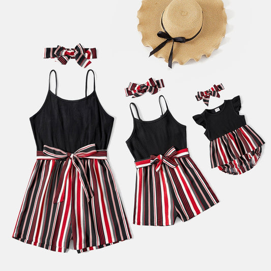 Mommy and Me Black Cotton Ribbed Spliced Striped Belted Cami Rompers - 20590075