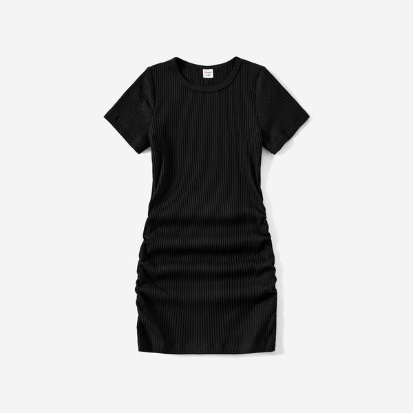 Mommy and Me Black Drawstring Ruched Side Short-sleeve Cotton Ribbed Dresses - 20655418