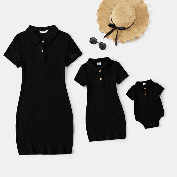 Mommy and Me Black Polo Neck Short-sleeve Dresses - 20655463