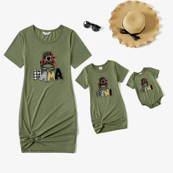 Mommy and Me Characters Letter Print Army Green Short-sleeve Twist Knot T-shirt Dress for Mom and Me - 20413978