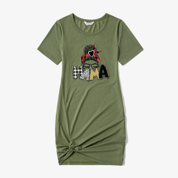 Mommy and Me Characters Letter Print Army Green Short-sleeve Twist Knot T-shirt Dress for Mom and Me - 20413978