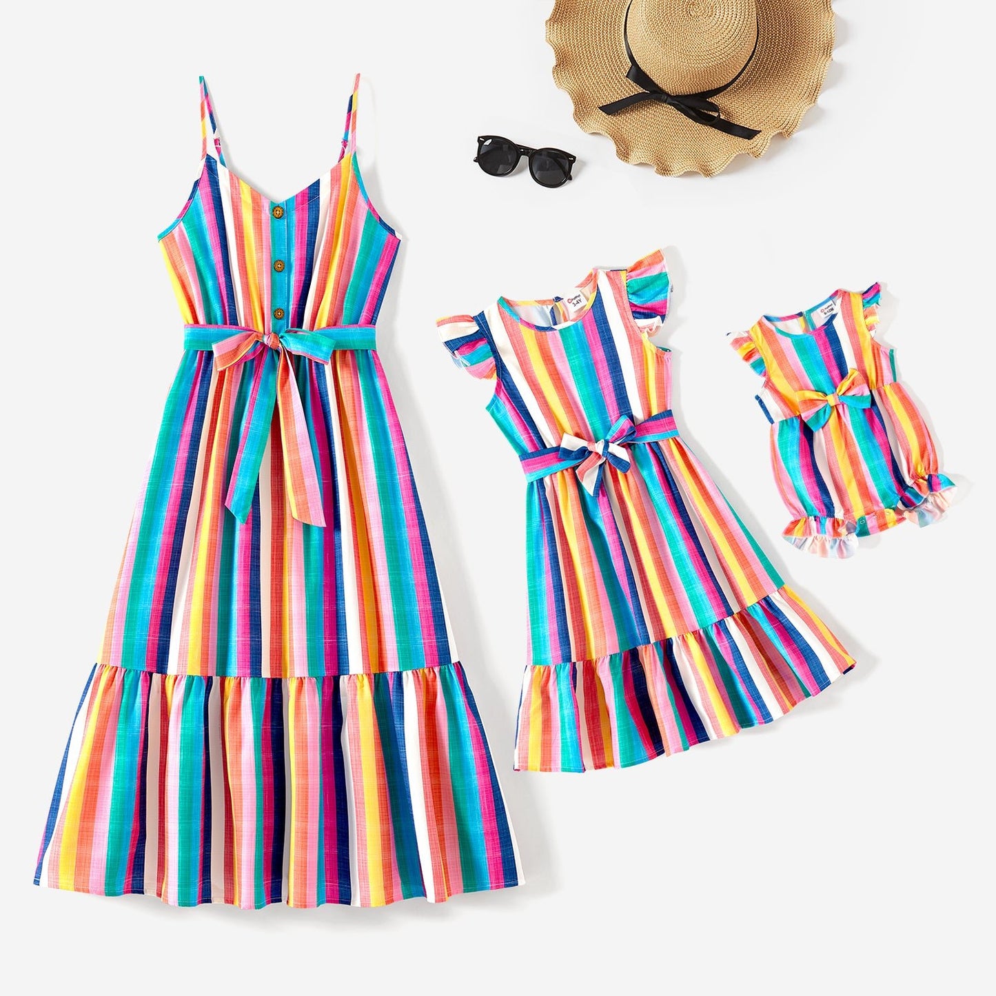 Mommy and Me Colorful Striped Sleeveless Belted Dresses - 20572651