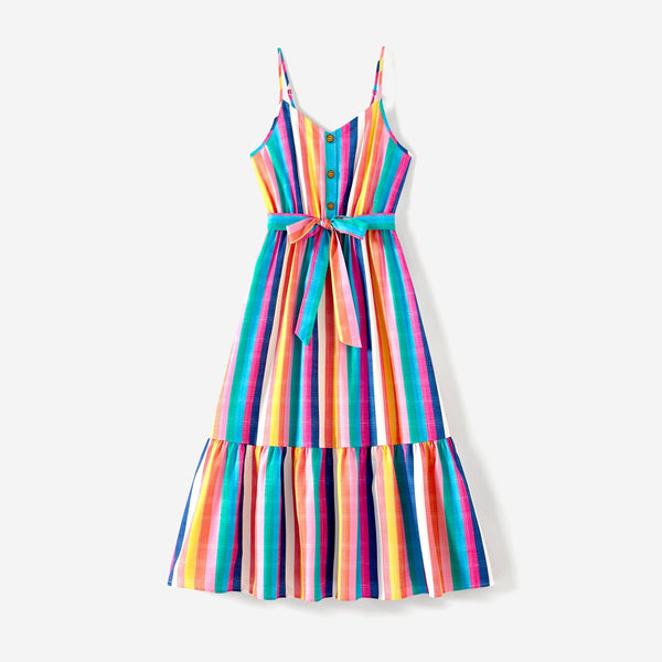 Mommy and Me Colorful Striped Sleeveless Belted Dresses - 20572651