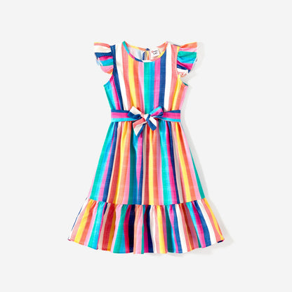 Mommy and Me Colorful Striped Sleeveless Belted Dresses - 20572651