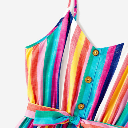 Mommy and Me Colorful Striped Sleeveless Belted Dresses - 20572651