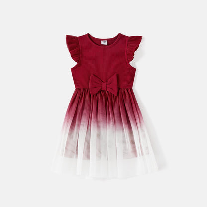 Mommy and Me Cotton Ribbed Spliced Ombre Mesh Dresses - 20598454