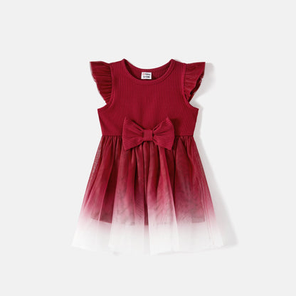 Mommy and Me Cotton Ribbed Spliced Ombre Mesh Dresses - 20598454