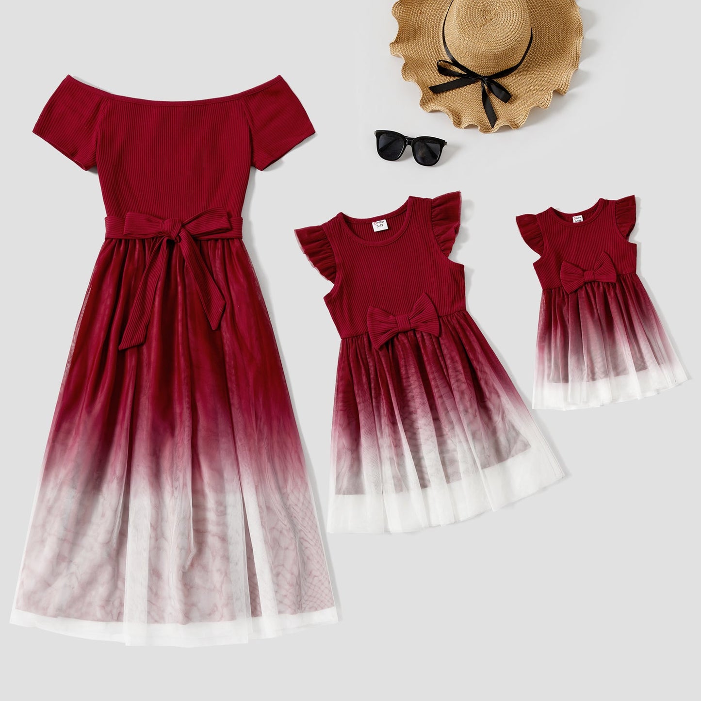 Mommy and Me Cotton Ribbed Spliced Ombre Mesh Dresses - 20598454