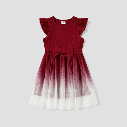 Mommy and Me Cotton Ribbed Spliced Ombre Mesh Dresses - 20598454