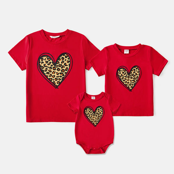 Mommy and Me Cotton Short-sleeve Leopard Heart Print Red T-shirts - 20580927