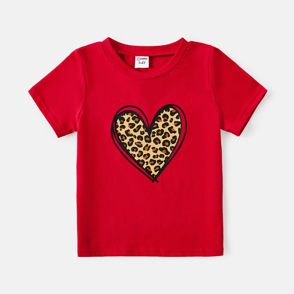 Mommy and Me Cotton Short-sleeve Leopard Heart Print Red T-shirts - 20580927