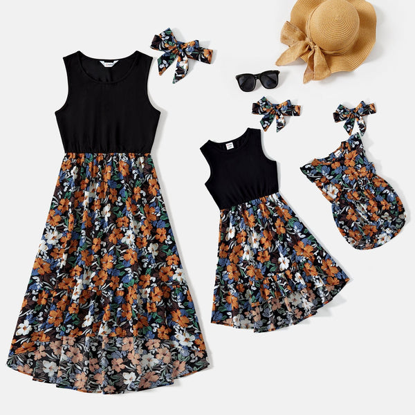 Mommy and Me Floral Panel Tank Dresses with Headband Set - 20661613