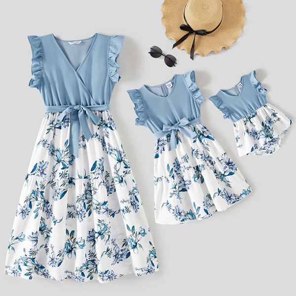Mommy and Me Floral Print Spliced Solid V Neck Ruffle Trim Sleeveless Dresses - 20549648