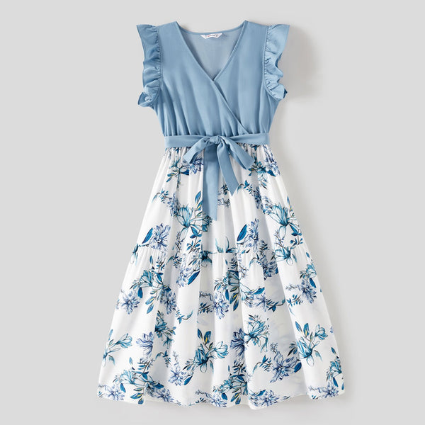 Mommy and Me Floral Print Spliced Solid V Neck Ruffle Trim Sleeveless Dresses - 20549648