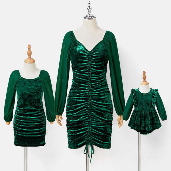 Mommy and Me Green Solid Velvet Long-sleeve Drawstring Bodycon Dresses - 20710684