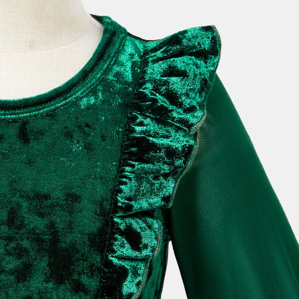 Mommy and Me Green Solid Velvet Long-sleeve Drawstring Bodycon Dresses - 20710684
