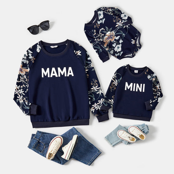 Mommy and Me Letter and Flora Print Long Sleeve Sweatshirts - 20678650