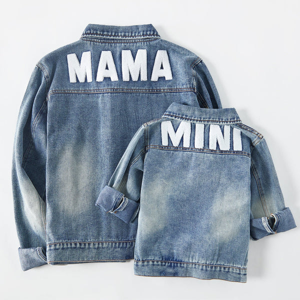 Mommy and Me Letter Embroidered Light Blue Distressed Denim Jackets - 20574667